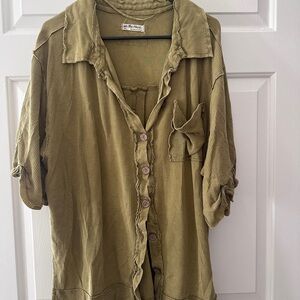 Free People Olive Green Button-Up Shirt